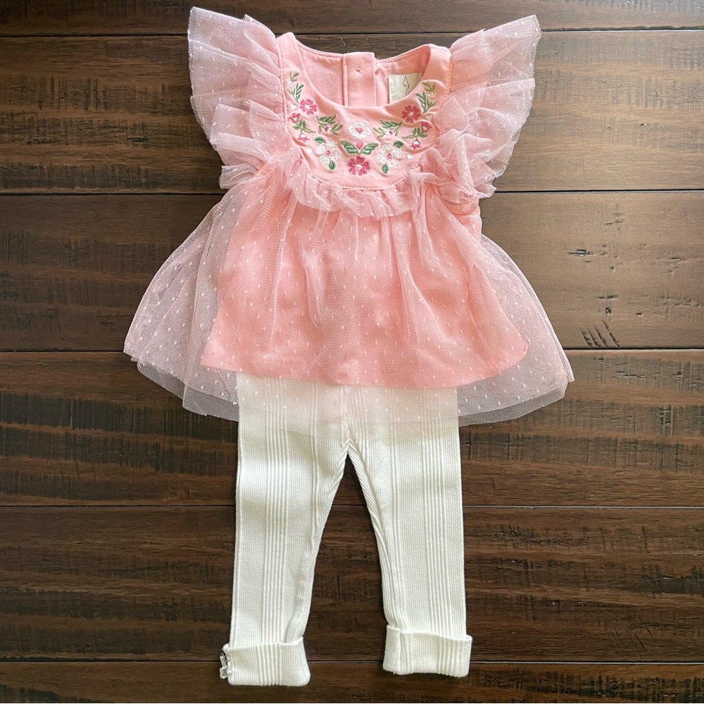 Joie Pink Frilly Floral Top with Cream Ribbed Leggings Outfit